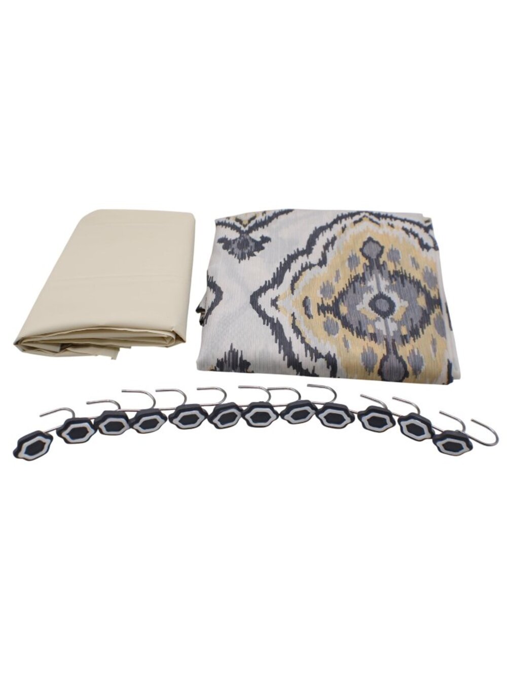Shower Curtain Set With Matching Hooks & Liner Ikat Pattern Beige/Yellow/Gray